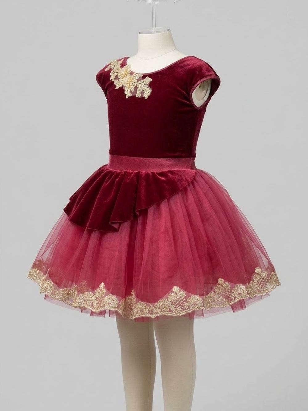 Weissman Red Velvet Tulle Dance Dress with Gold Lace Trim